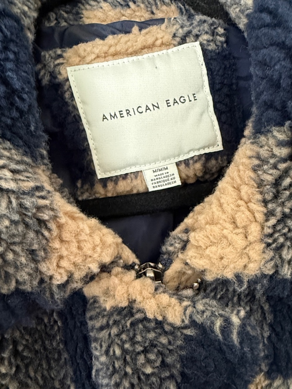 American Eagle Sherpa Plaid Zip Jacket Medium Navy Tan Buffalo Check Fleece - Picture 3 of 5